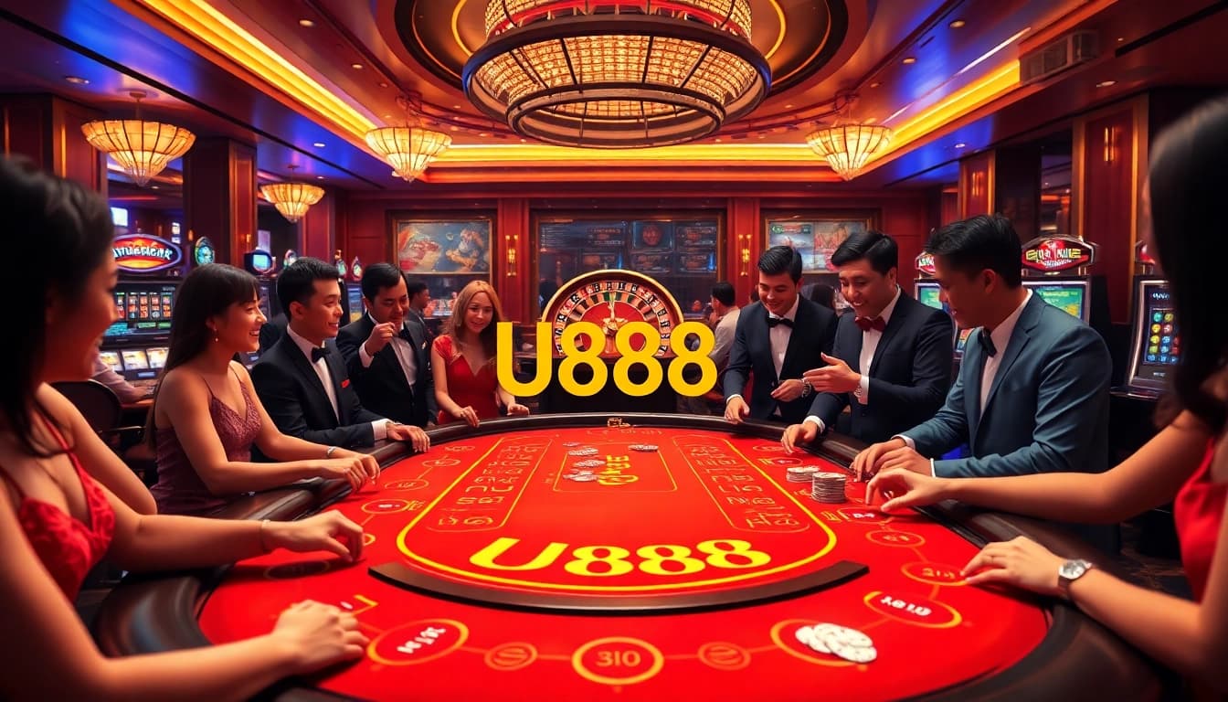 Excited players engaging in a thrilling U888 casino gaming experience with impressive tables.