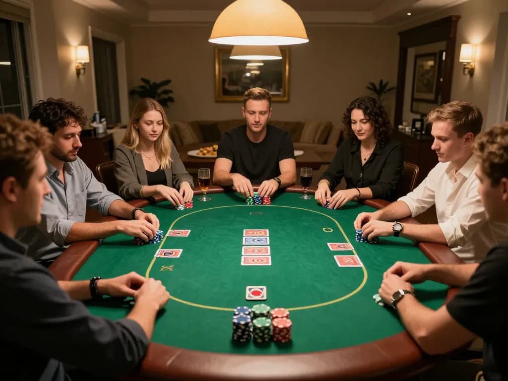 Engaged players at a home poker game illustrating sunwinapk's strategic gameplay and social interaction.