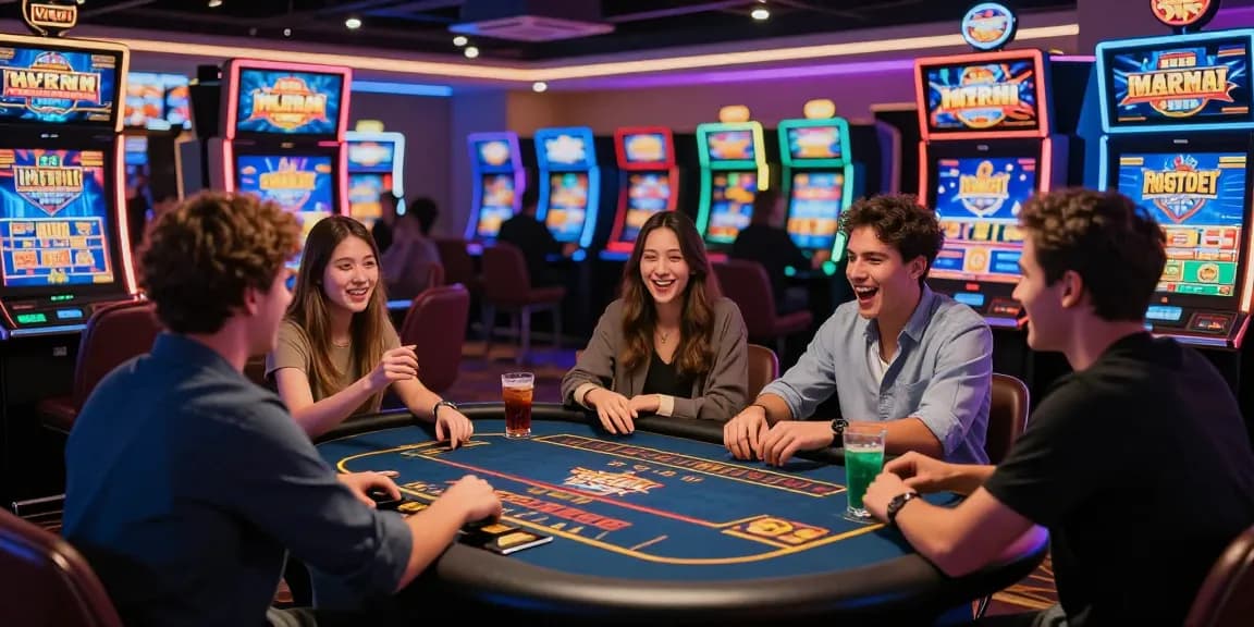 Engaging atmosphere at credit card casinos with friends enjoying gameplay and vibrant slot machines.