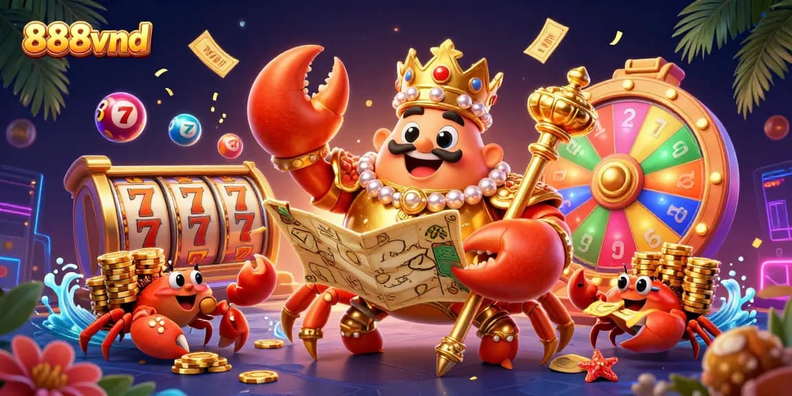 888vnd gaming experience comes alive with golden crab holding scepter and treasure map among vibrant casino elements.