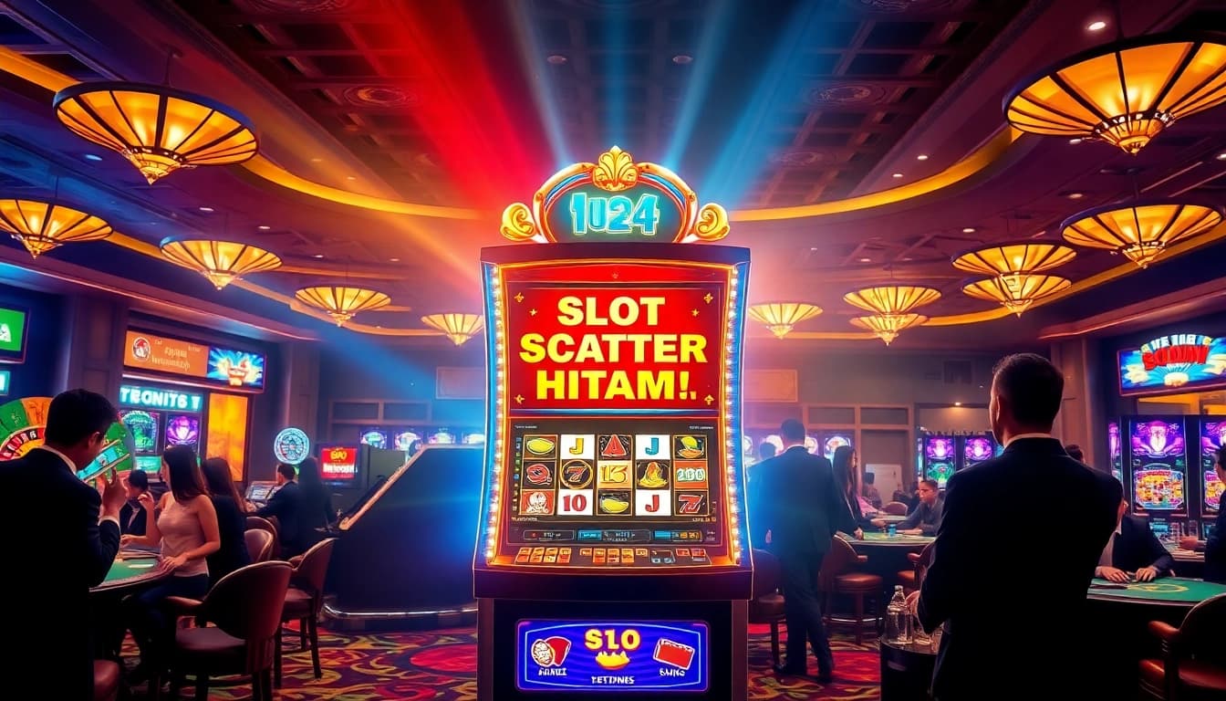 Players enjoying a thrilling round at the Slot Scatter Hitam machine in a vibrant casino atmosphere.
