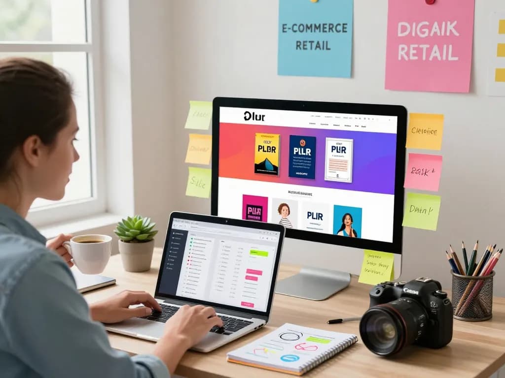 PLR Digital Products for Sale showcased on an inviting e-commerce platform with colorful displays and an engaging entrepreneurial atmosphere.