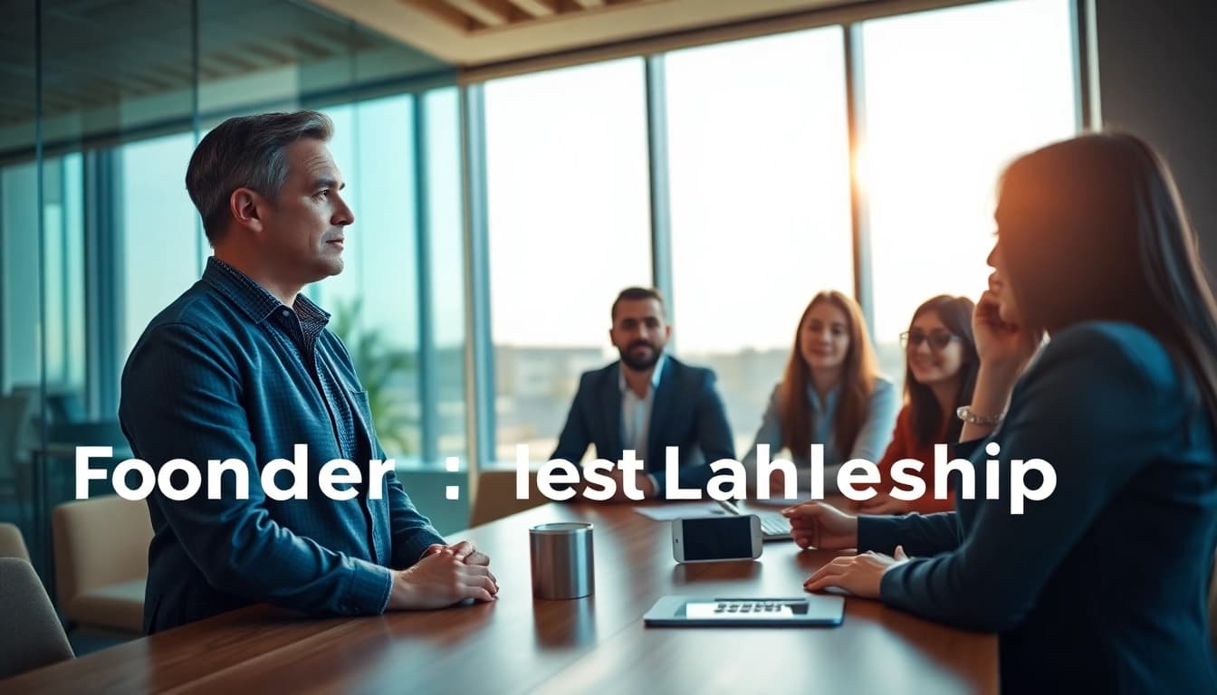 Engaging scene showcasing founder leadership insights with a diverse team in a modern office.