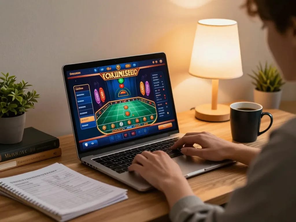 Playing casino senza registrazione on a laptop in a cozy home setting with strategy notes.