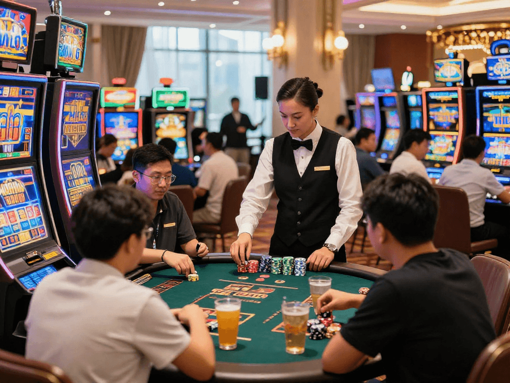 Sòng bạc Jin88 với không khí sôi động, người chơi và dealer chuyên nghiệp trong bối cảnh sang trọng.