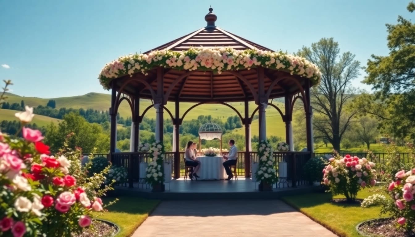 Stunning gazebo at a Weddings Venue surrounded by vibrant flowers in a picturesque garden.