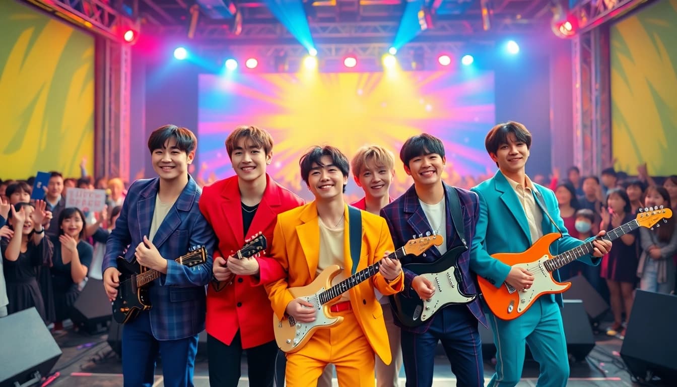 Showcasing the bts members in a vibrant performance setting, capturing their energy and unique styles.