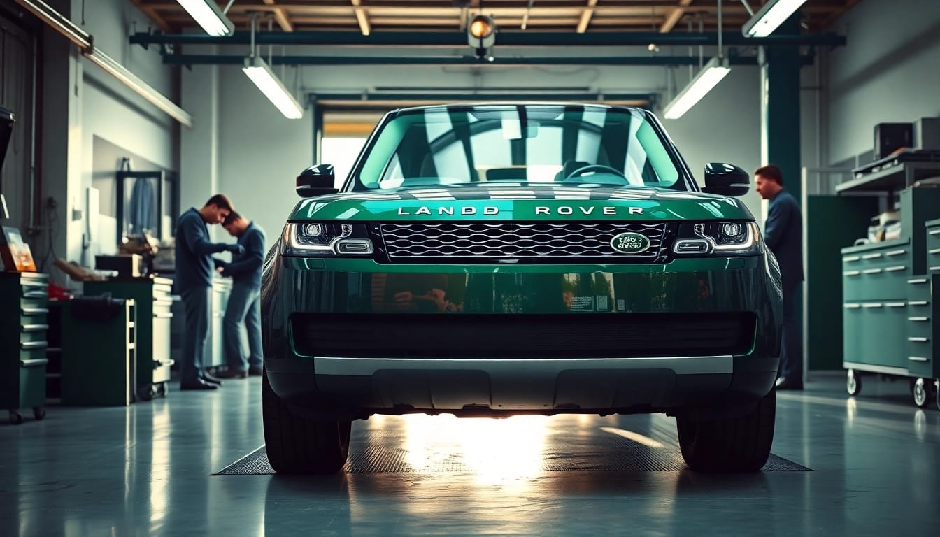 Technicians performing Land Rover Service in a modern garage environment, showcasing quality care.