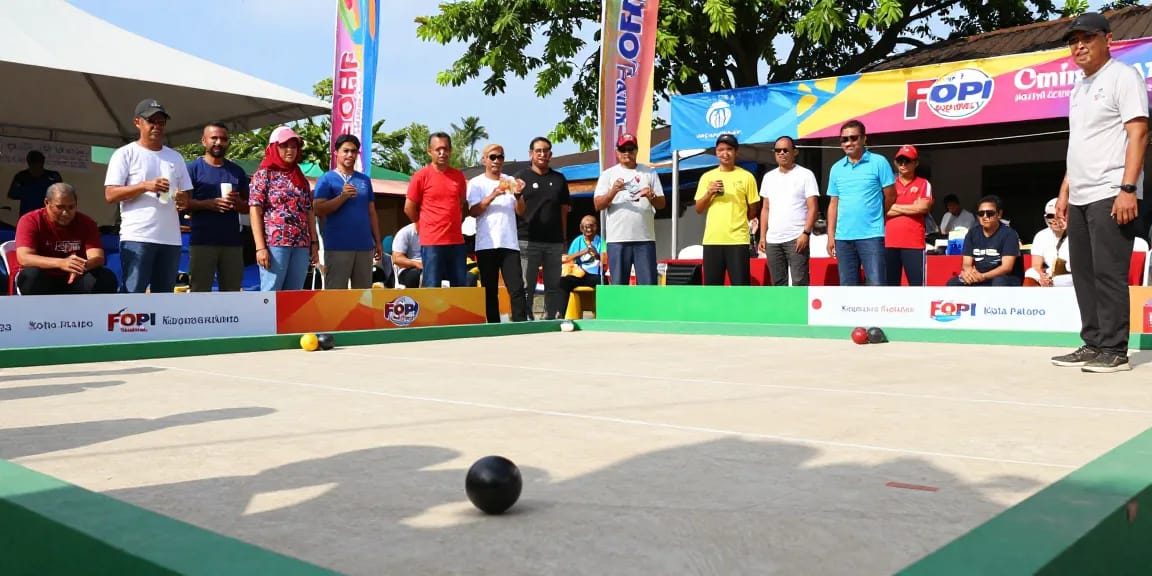 Kompetisi petanque FOPI Kota Palopo di luar ruangan menampilkan semangat dan keterlibatan masyarakat, dengan pemain dan penonton yang antusias.