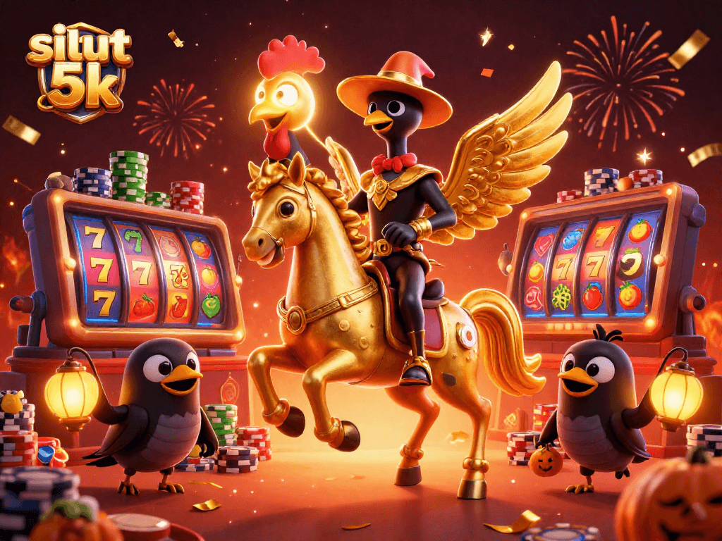 Engage in situs slot 5k with a dynamic scene of a golden rooster and spectral horse amidst slot reels and casino excitement.