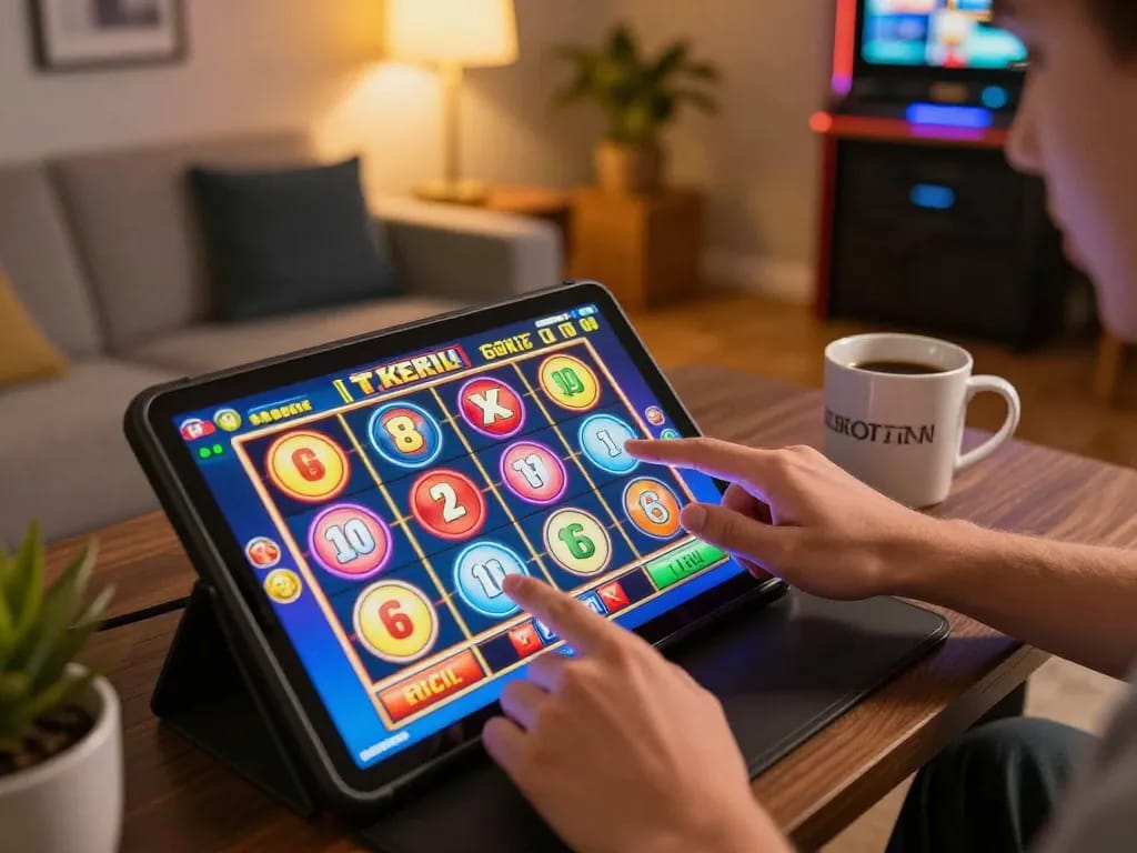 Engaged player spinning colorful slots with slot bet kecil strategy in vibrant online gaming setup.