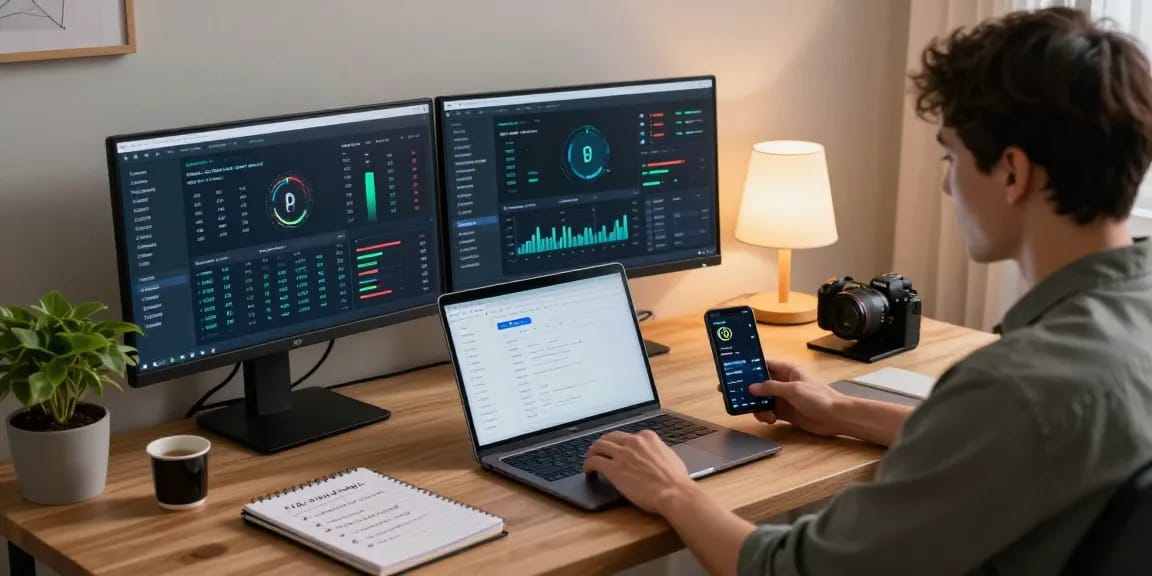 Engaging cloud mining service workspace with cryptocurrency dashboards, digital wallet, and modern tech elements.