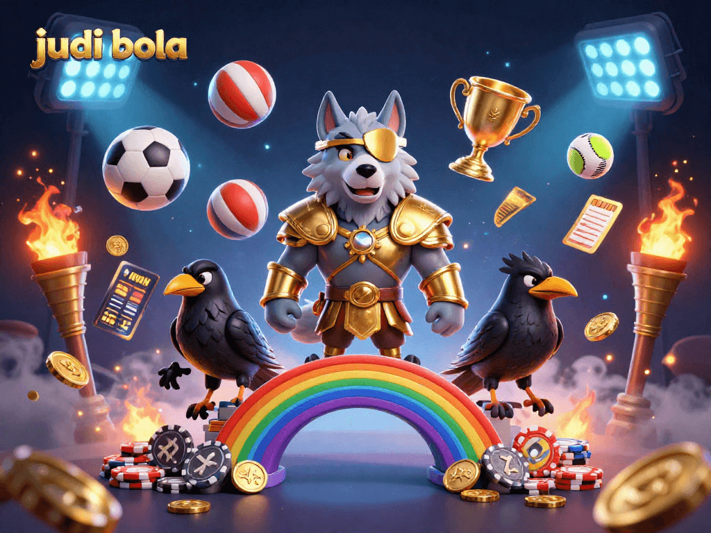 Bet on judi bola with the dynamic energy of sports balls flying around a Norse-themed casino scene.