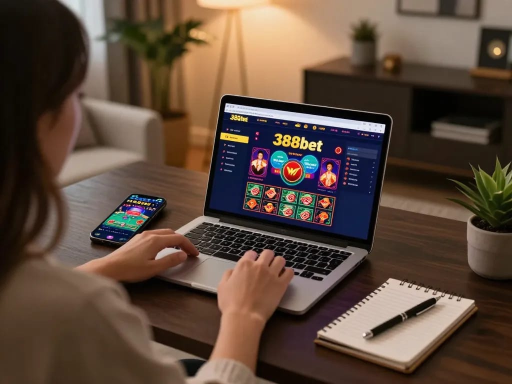 Engaging with the 388bet casino interface on a stylish desk setup for responsible gambling.