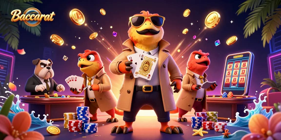 Baccarat scene with cartoon raptors disguised as a tall person entering a VIP casino lounge.