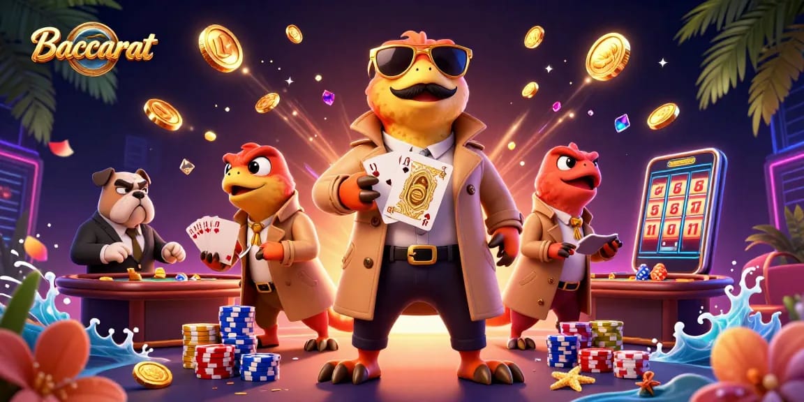 Baccarat scene with cartoon raptors disguised as a tall person entering a VIP casino lounge.