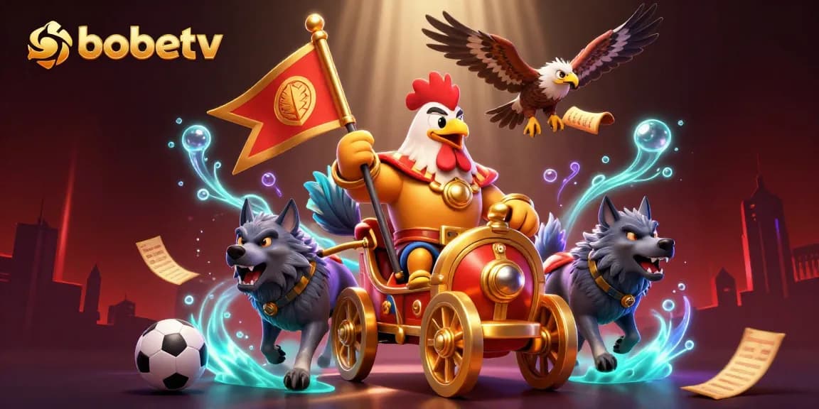 Experience the thrill of sbobetv sports betting with dynamic 3D illustration showcasing a rooster warlord and vibrant elements.
