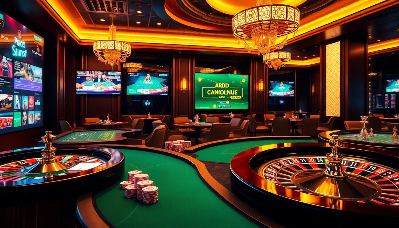 Vivez l'excitation des meilleurs casinos en ligne avec des scènes de jeu de casino vibrantes mettant en avant le poker et la roulette.
