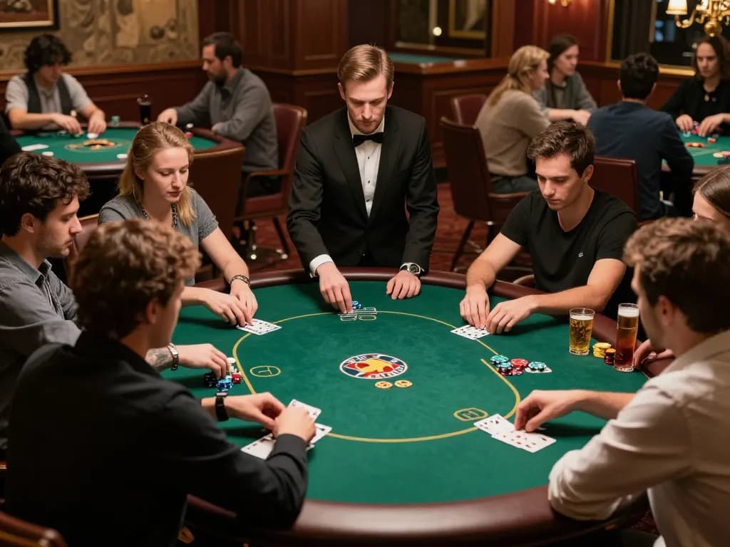 Rasakan permainan poker online yang mendebarkan bersama teman-teman dalam suasana permainan poker di rumah yang menarik.