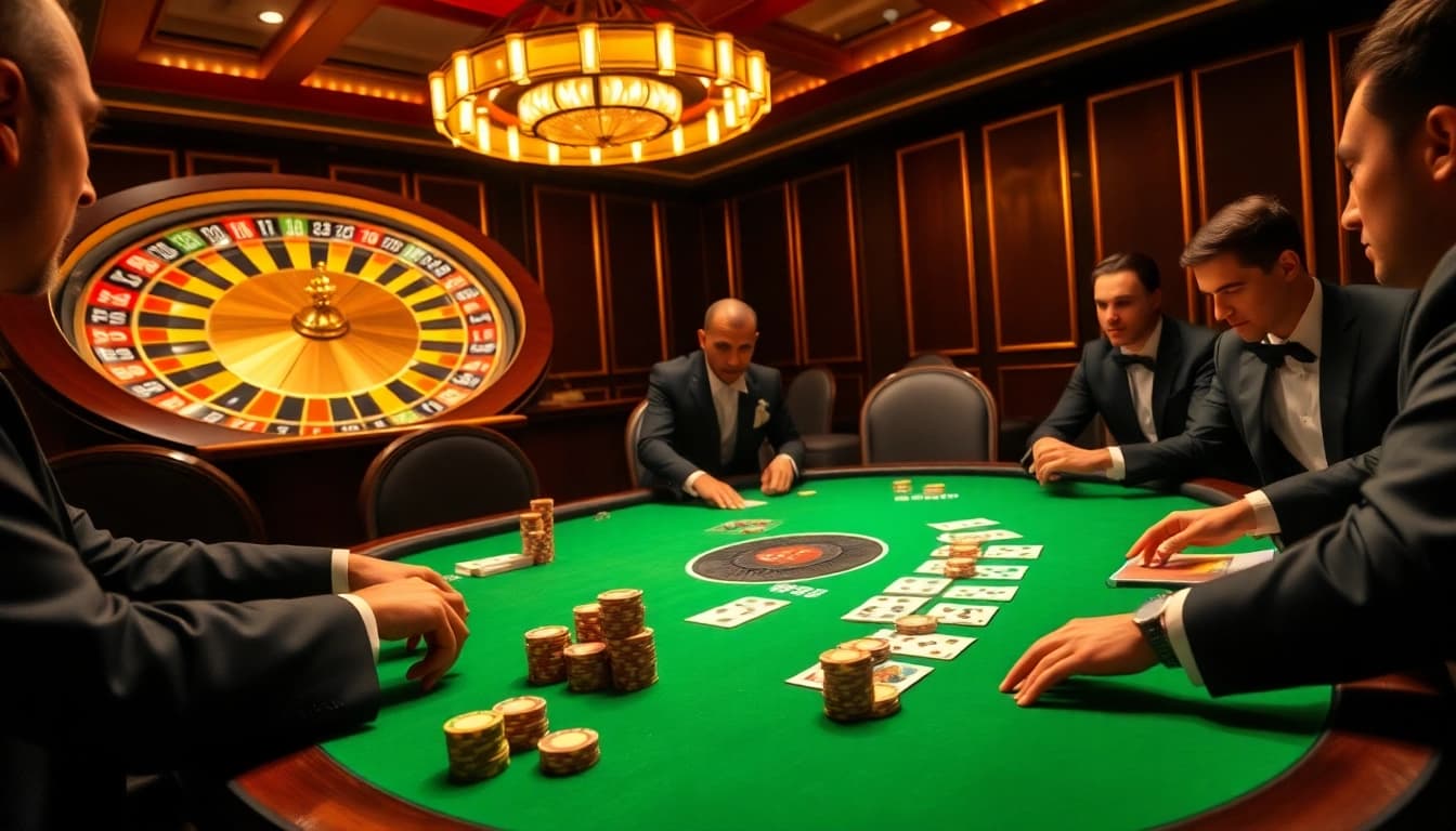 Players strategizing in a high-stakes poker game at Jogoluck casino with vibrant colors and professional atmosphere.