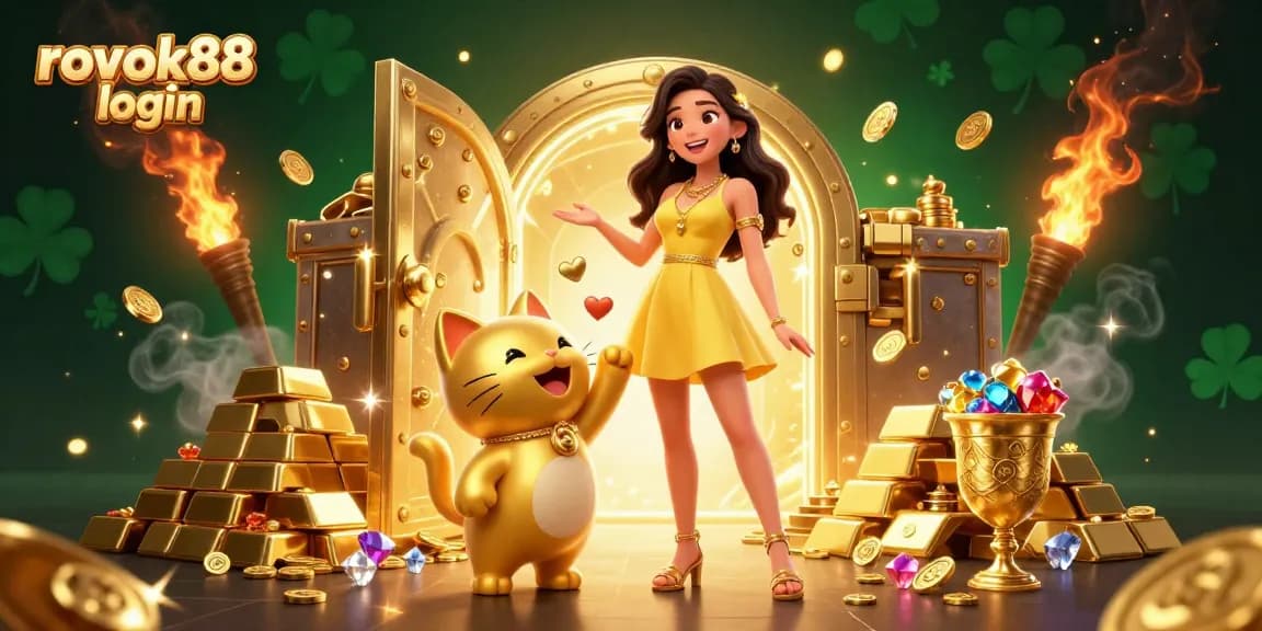 Engage in thrilling gameplay with rokok88 login, featuring a joyful interaction between a woman and a golden lucky cat amidst a treasure trove.