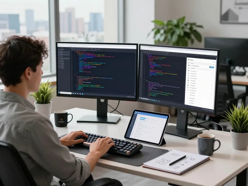 Developer using Telegram 电脑版 on dual monitors in a modern tech workspace, highlighting productivity and coding.