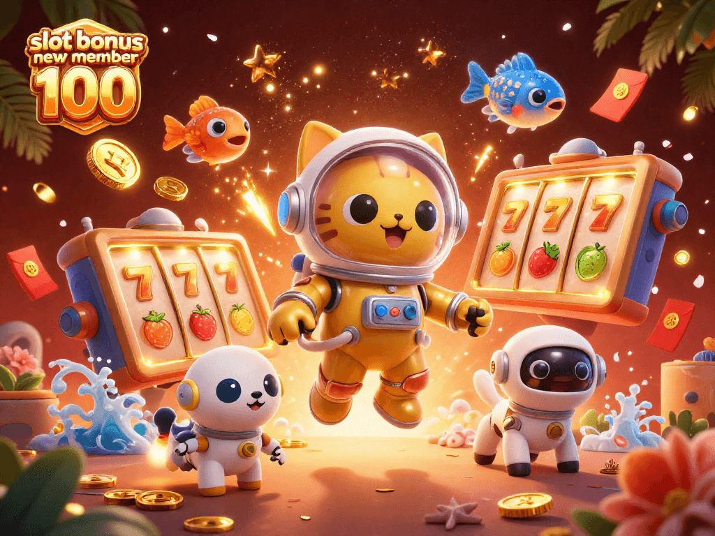 Win big with slot bonus new member 100, a vibrant 3D illustration of an adventurous cat and robot dog in a cosmic casino.