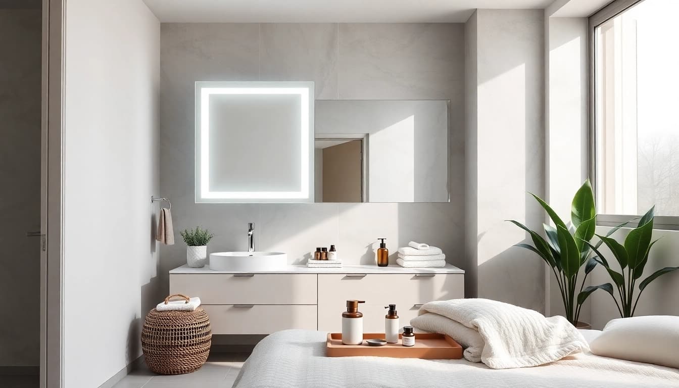 View of a stylish led bathroom mirror cabinet with integrated lights in a modern bathroom setting.
