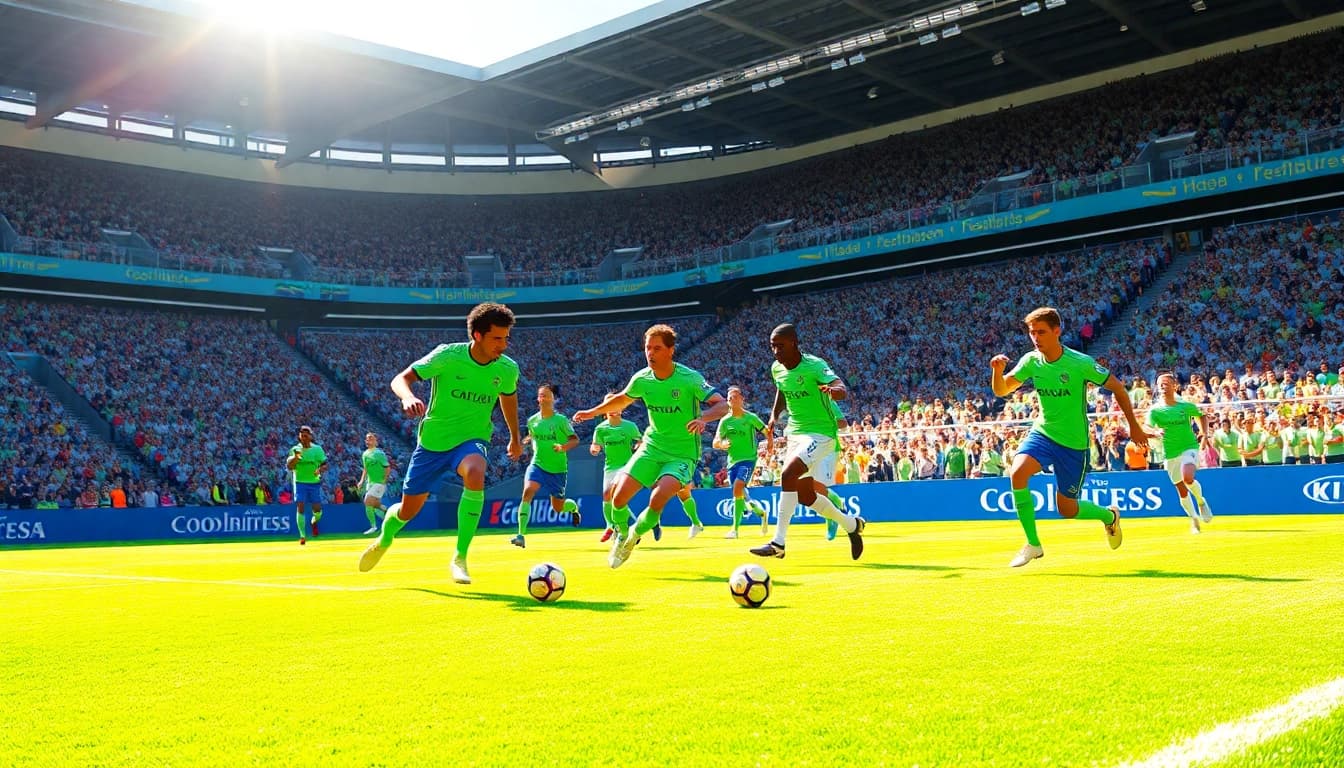 Dynamic soccer players showcasing teamwork in a vibrant stadium during โปรแกรมฟุตบอลวันนี้.