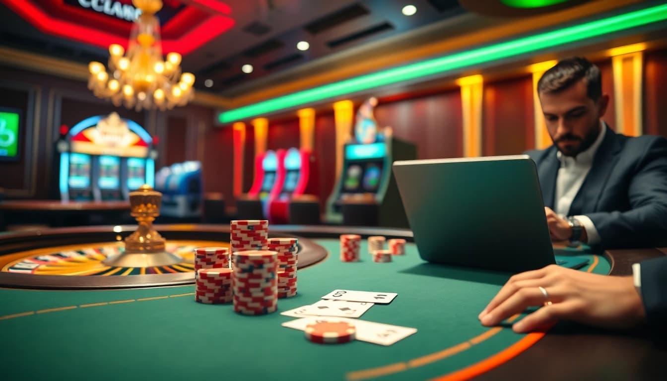 Scène de casino en ligne captivante montrant un joueur professionnel sur un site de casino en ligne.
