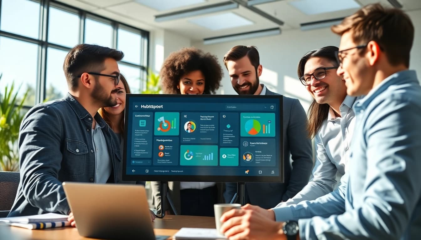 Utilizing hubspot free tools in a vibrant teamwork environment during a productive meeting.
