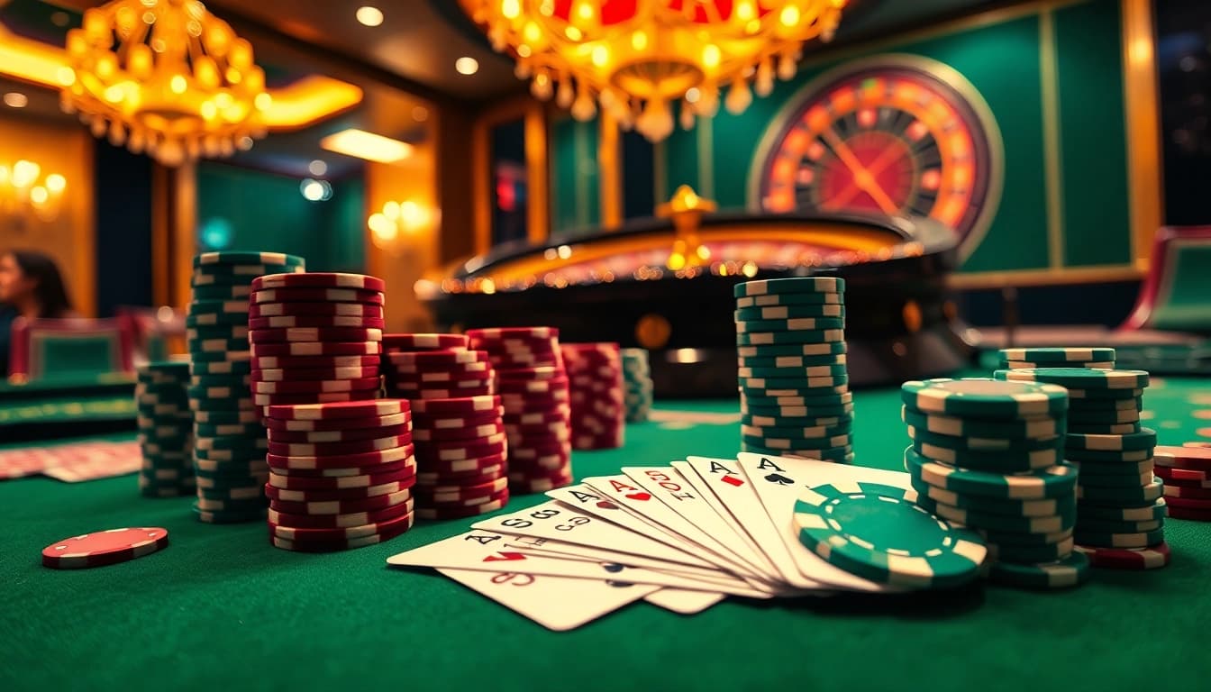 Scène excitante sur un site de casino en ligne mettant en avant des jetons de poker, des cartes à jouer et une roulette.