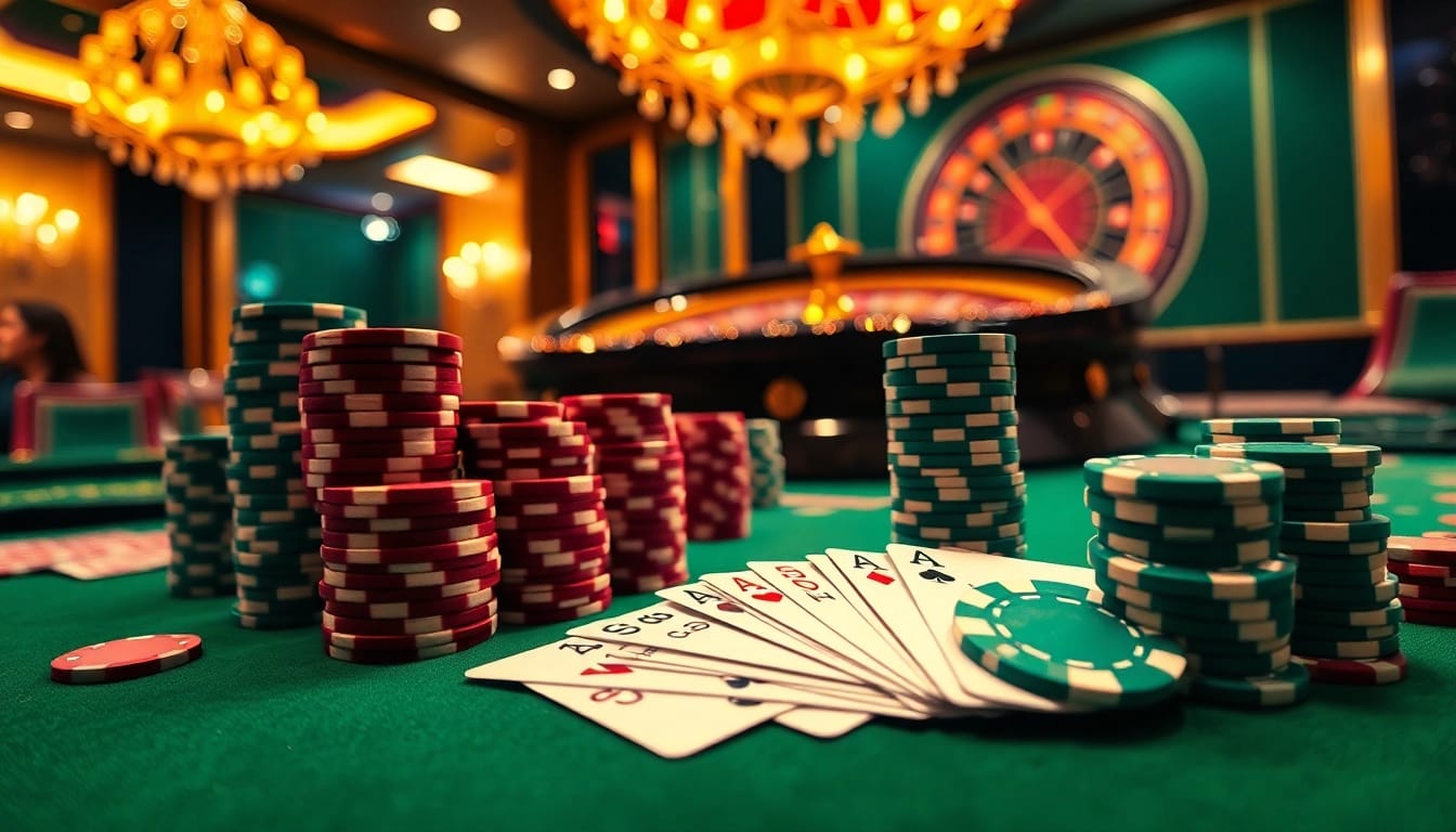 Scène excitante sur un site de casino en ligne mettant en avant des jetons de poker, des cartes à jouer et une roulette.
