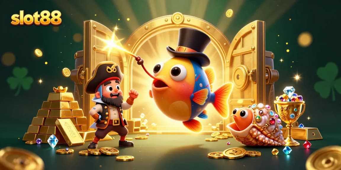 Slot88 menyajikan permainan menarik dengan karakter yang menarik dan harta dalam ilustrasi kasino digital.