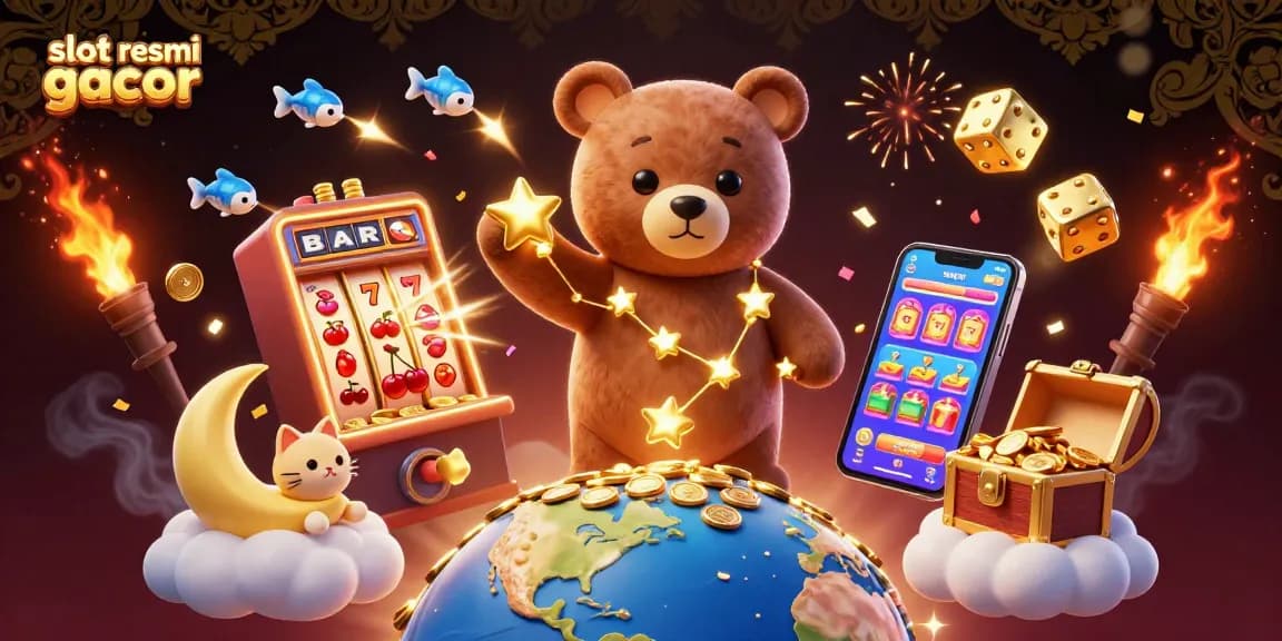 Experience the excitement of slot resmi gacor with this vibrant casino-themed illustration featuring a constellation bear, jackpot symbols, and immersive game elements.