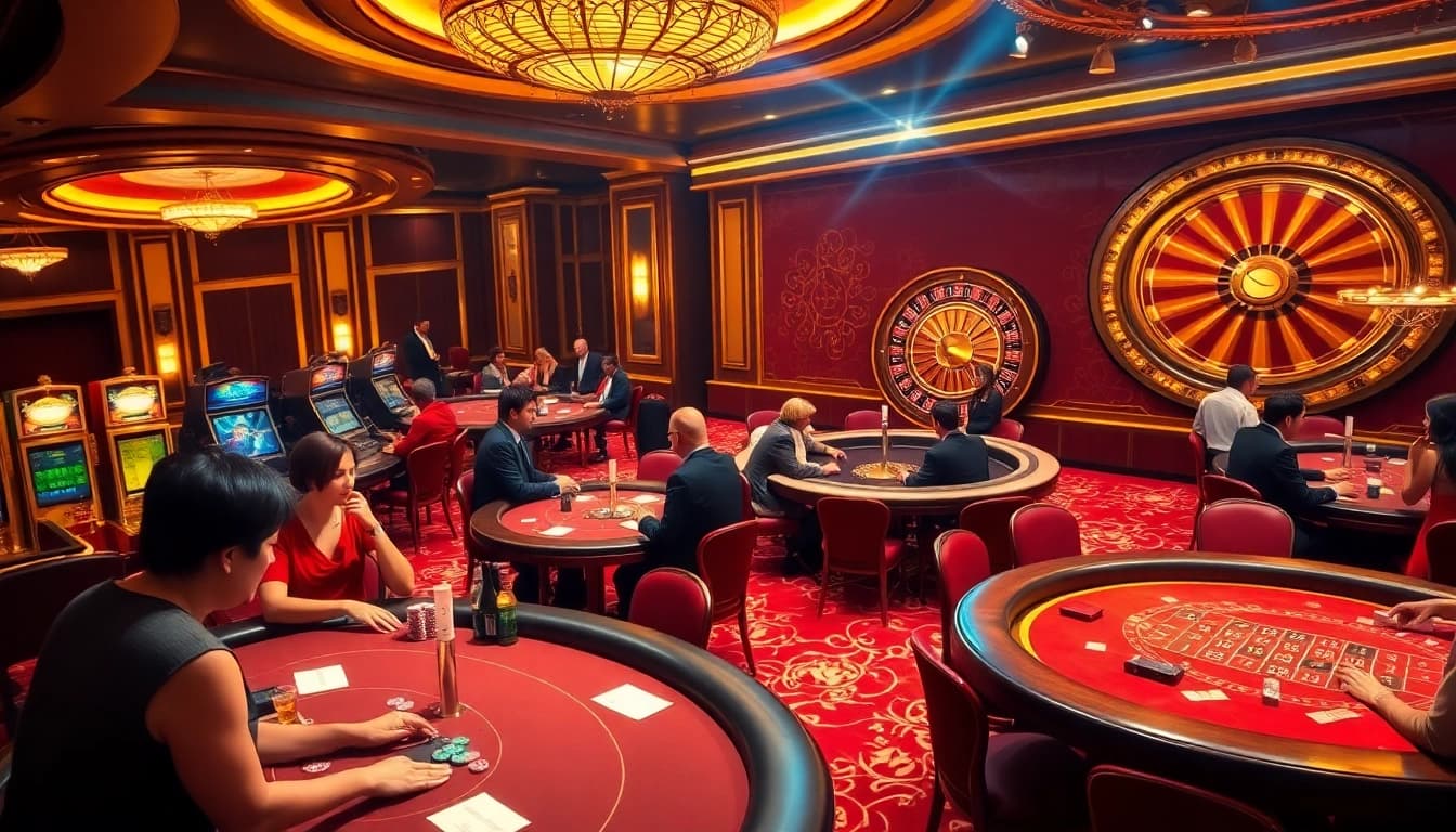 Action de jeu passionnante dans un luxueux casino en ligne France fiable avec des tables, des roulettes et des jetons de poker.
