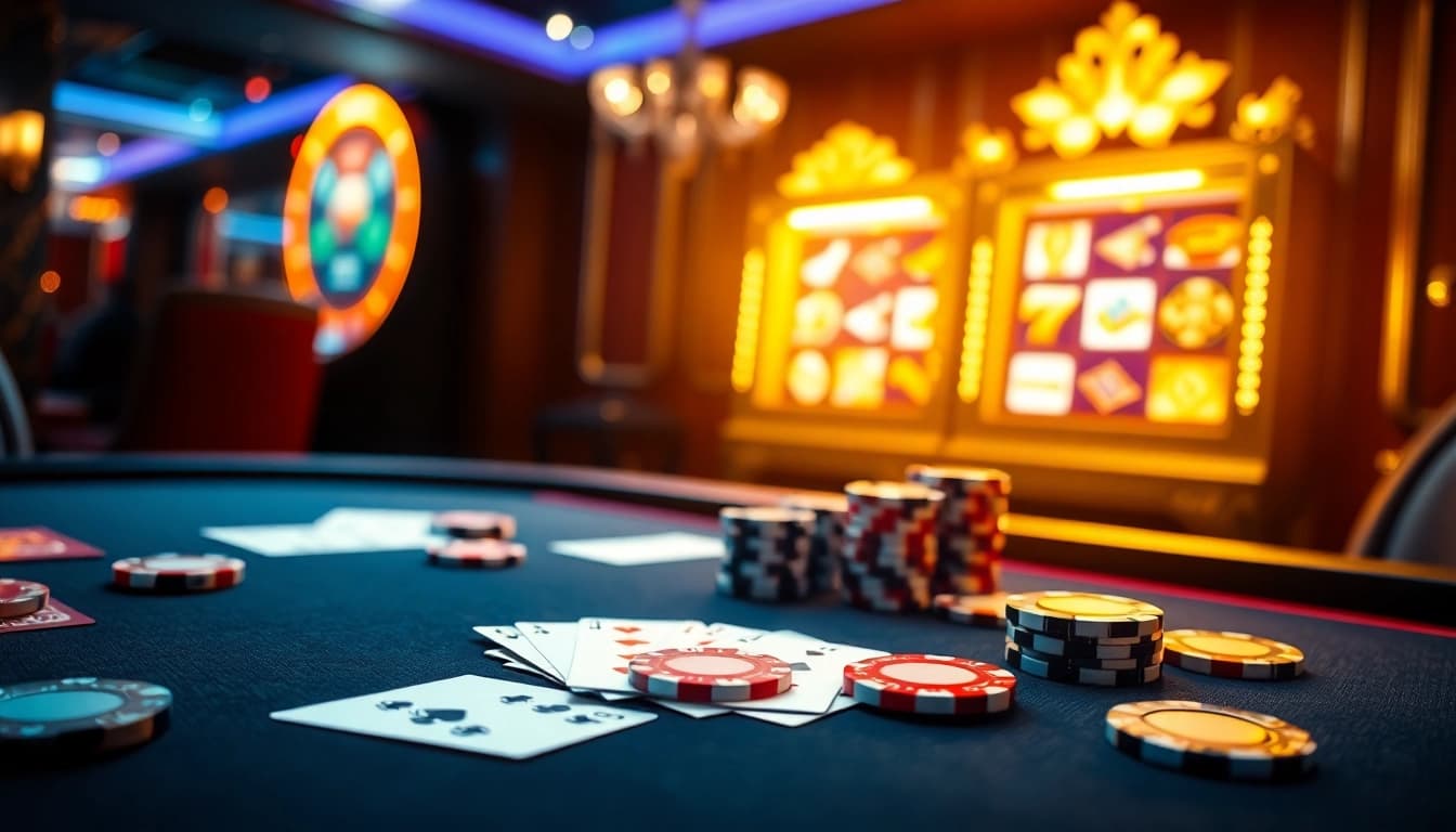 Table de jeu excitante présentant des éléments de casino en ligne Français et des jetons de poker luxueux.