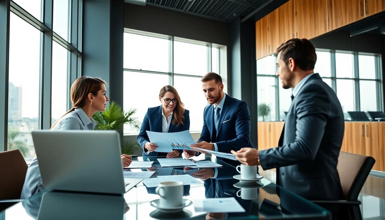 Dynamic team of Business Consultants in Dubai collaborating in a modern office.