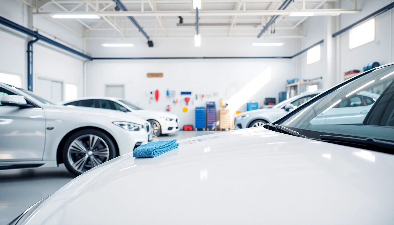 Showcasing car detailing near me with a clean garage, vibrant light, and professional tools.