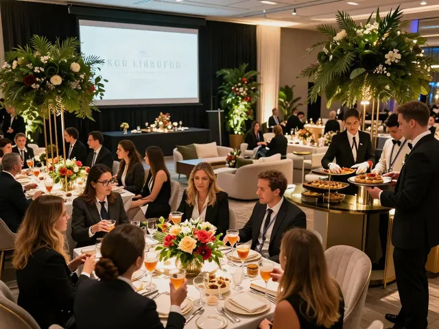 Event rentals set up at a luxurious corporate gala, featuring elegant décor and vibrant ambiance.