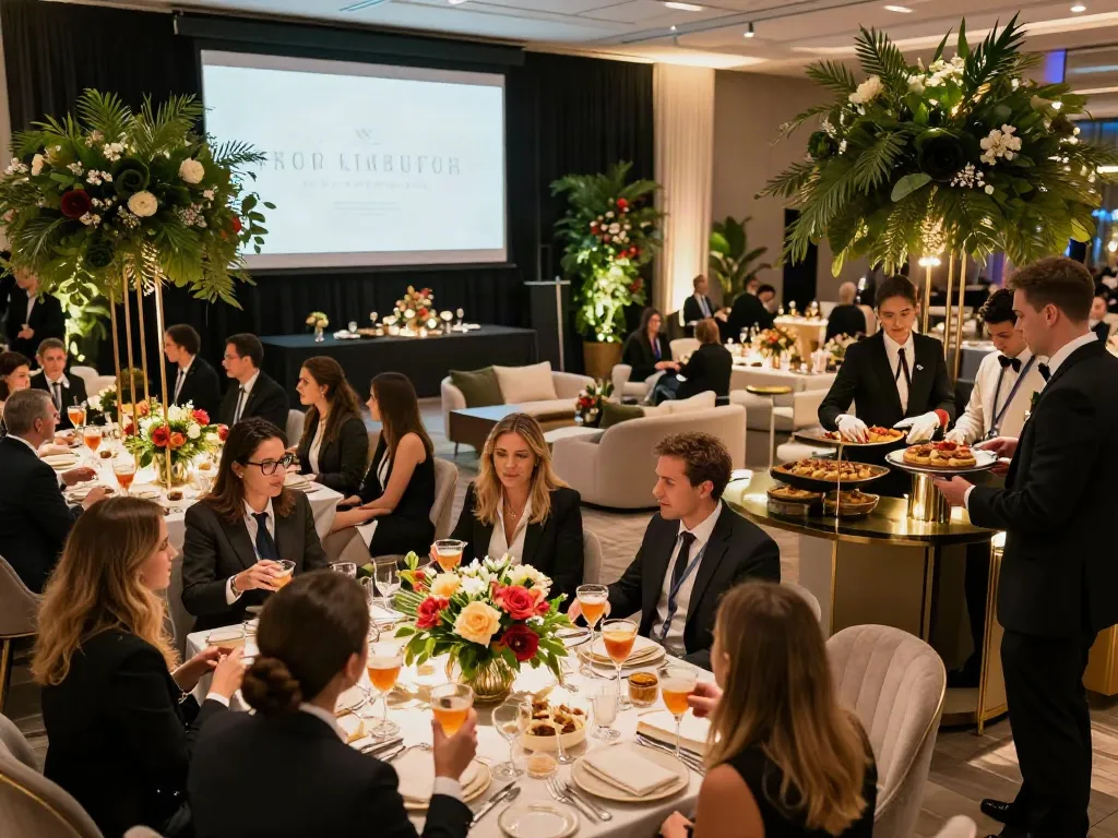 Event rentals set up at a luxurious corporate gala, featuring elegant décor and vibrant ambiance.