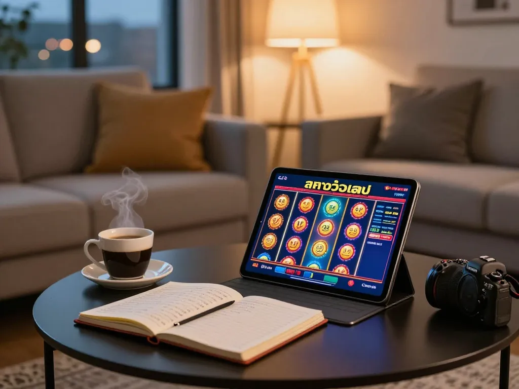 Engaged user playing สล็อตวอเลท on tablet in cozy home setting with betting notebook and coffee.