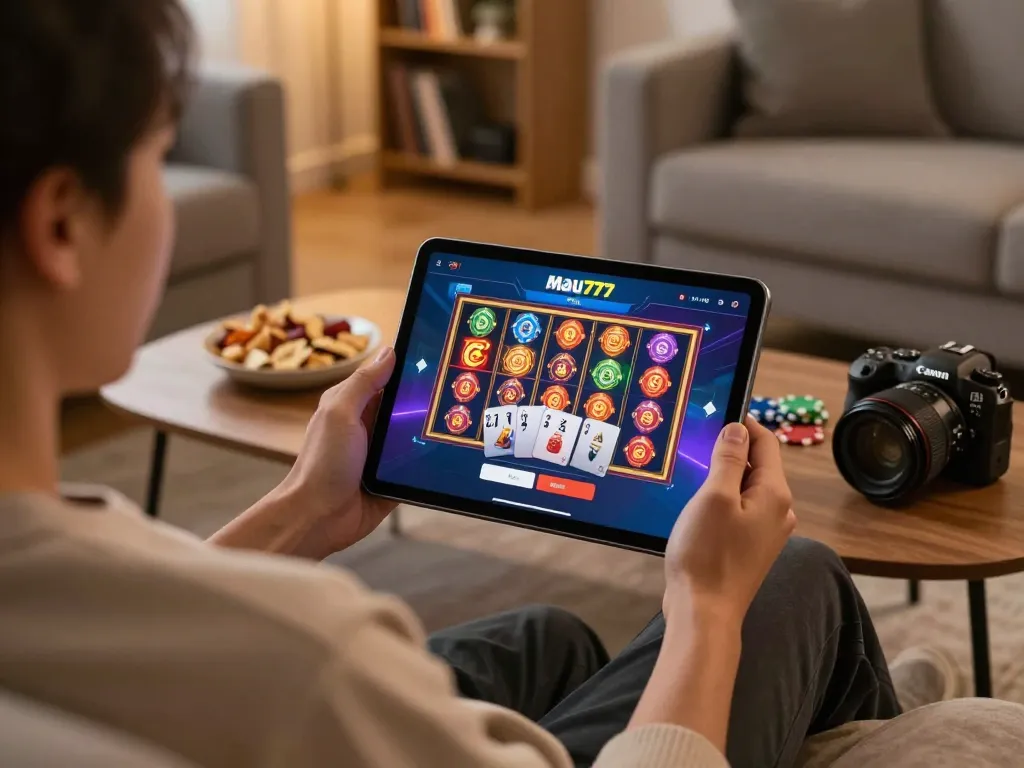 Engaging with mau777 login on a tablet during an online casino session with snacks nearby.