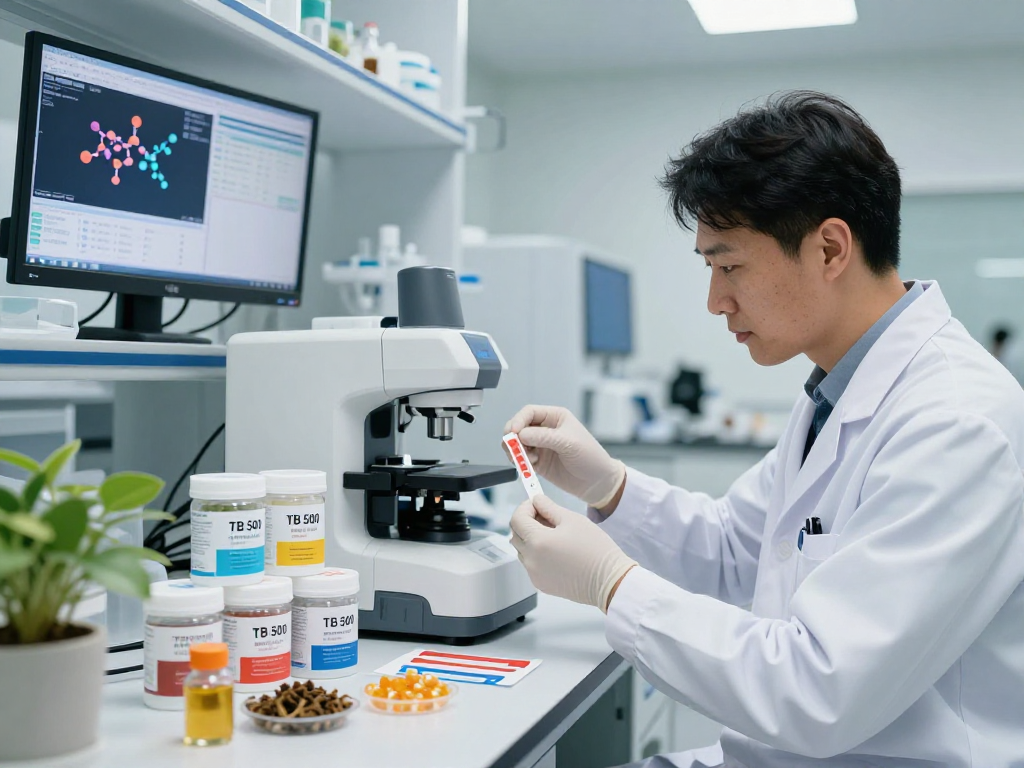 Scientist analyzing TB 500 Benefits in a modern lab, showcasing innovative buccal strips.