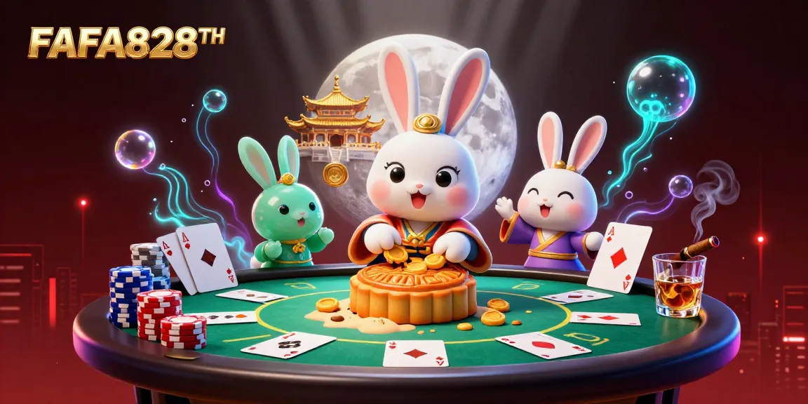 Experience the excitement of FAFA828TH with cartoon rabbits enjoying poker chips and casino fun on the moon.