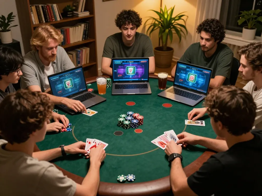 Players enjoying poker online at home, showcasing F168 platform's dynamic gameplay with chips and focused expressions.