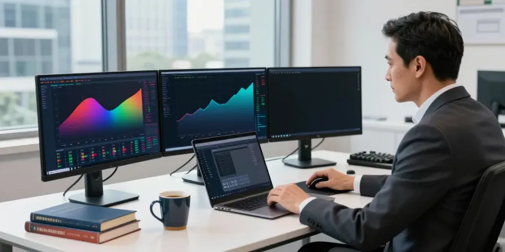 Financial analyst using MetaTrader 5 on multiple screens in a modern office.
