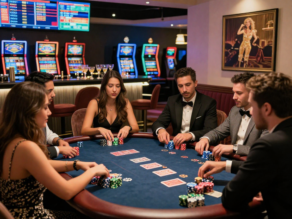 Engaging gambling scene at a poker table with friends, showcasing rokok88 excitement in a luxurious casino.