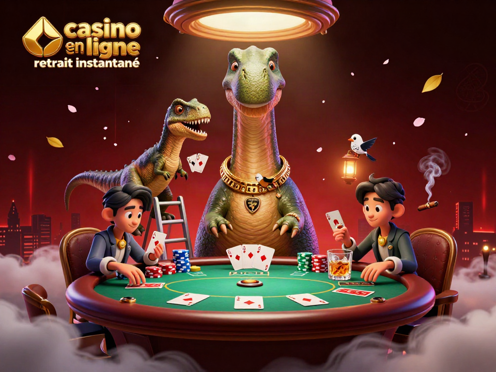 Jouer dans un casino en ligne retrait instantané, illustré par un brontosaure et un raptor à la table de poker.