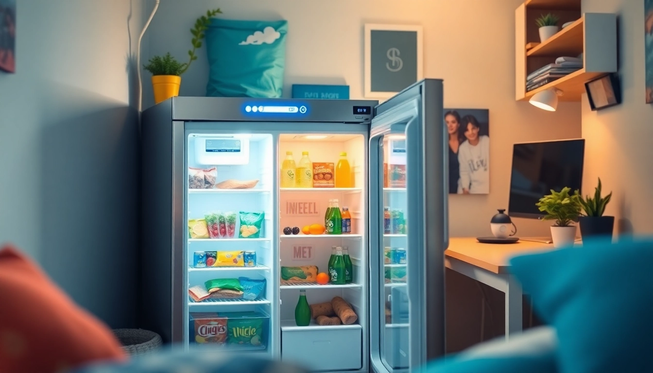 Dorm room fridge with colorful snacks displayed in a cozy college environment.